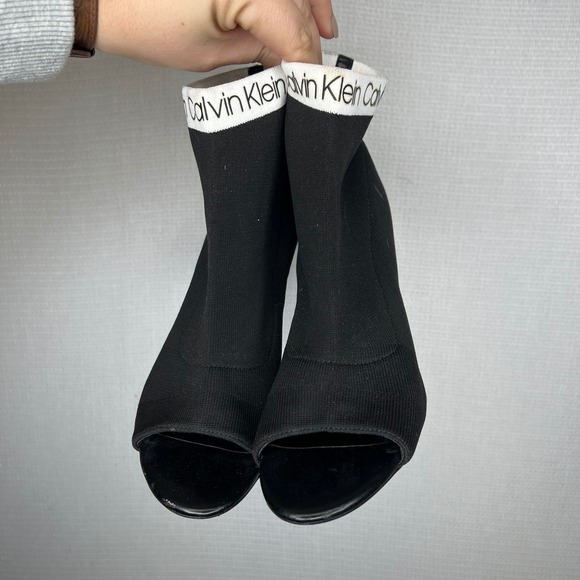 Calvin Klein Black Sock Booties Peep Toe Stiletto Heel Women's 7.5M - Picture 2 of 6